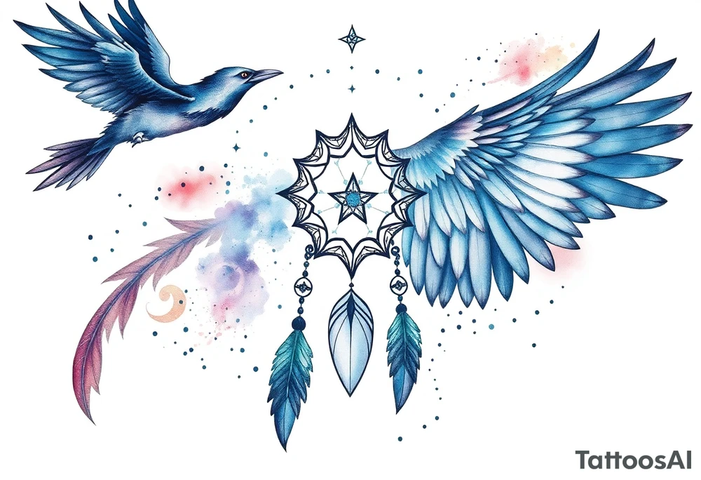 Raven dream catcher milky way moon shooting star tattoo idea