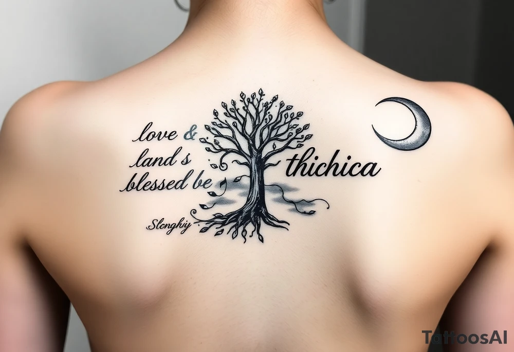 I want an open book and scripted on the left side of the pages and love and light blessed be on the right side of the pages the name tichica with the tree of life growing through the pages music notes dancing around it a crescent moon on the right side with a starry night background and dark clouds tattoo idea