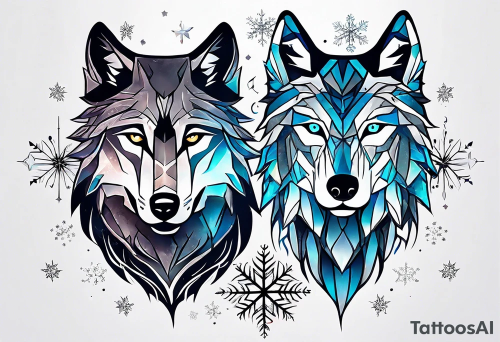 Constellation, two animal wolf, snowflake tattoo idea