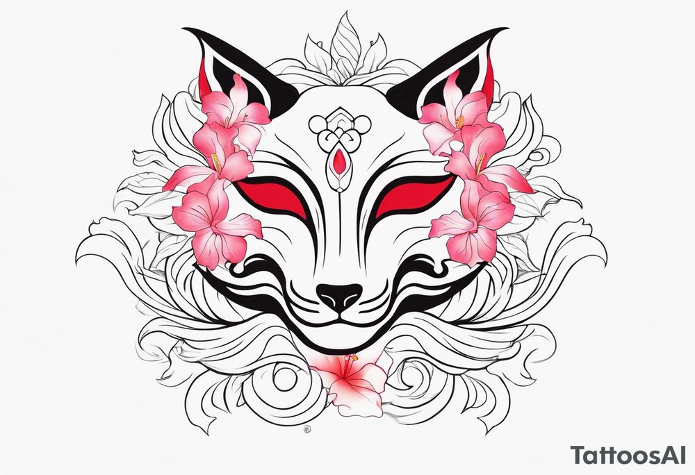 White japanese mask that looks like a kitsune with red accents and pink hibiscus flowers and vines surrounding it tattoo idea