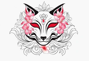 White japanese mask that looks like a kitsune with red accents and pink hibiscus flowers and vines surrounding it tattoo idea