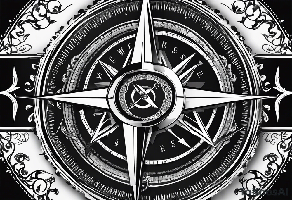 vintage compass with guy faux mask integrated. Slashed lettering for the navigational directions and long fencing swords as the arrows tattoo idea