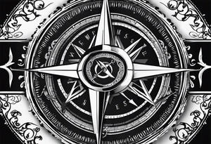vintage compass with guy faux mask integrated. Slashed lettering for the navigational directions and long fencing swords as the arrows tattoo idea