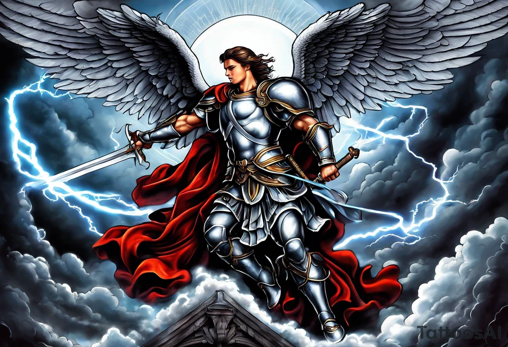 Michael the Archangel defeating the devil.  clouds and lightning in background tattoo idea