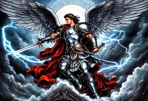 Michael the Archangel defeating the devil.  clouds and lightning in background tattoo idea