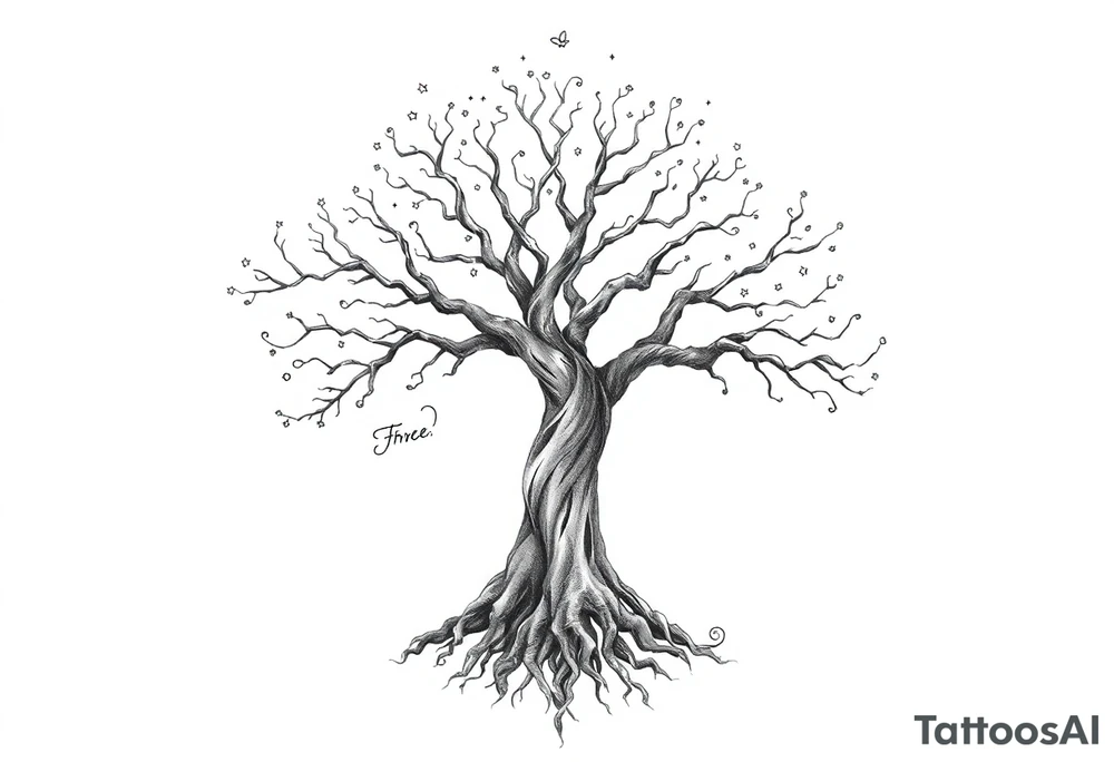 mystical tree of life with cosmic roots and celestial branches tattoo idea