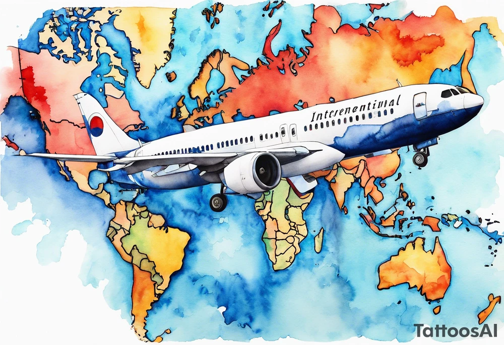 Map us to europe with one tiny jet plane showing intercontinental flight path. Watercolor with spilled watercolor look abstract tattoo idea