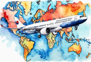 Map us to europe with one tiny jet plane showing intercontinental flight path. Watercolor with spilled watercolor look abstract tattoo idea