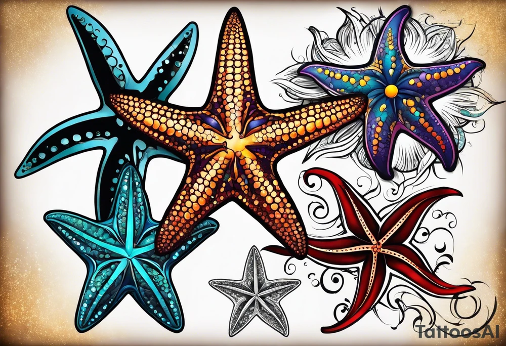 set of 3 star fish of with 3 different bright colors and 3 different shapes tattoo idea