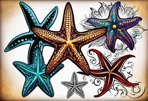 set of 3 star fish of with 3 different bright colors and 3 different shapes tattoo idea
