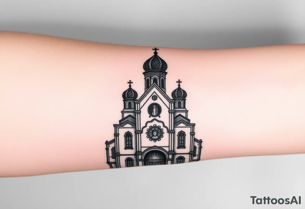 in a dorsal view a detailed orthodox church shrouded with a mist above and fading into a virgin mary overlooking above at the top tattoo idea