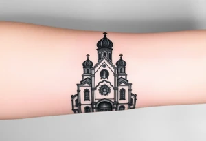 in a dorsal view a detailed orthodox church shrouded with a mist above and fading into a virgin mary overlooking above at the top tattoo idea