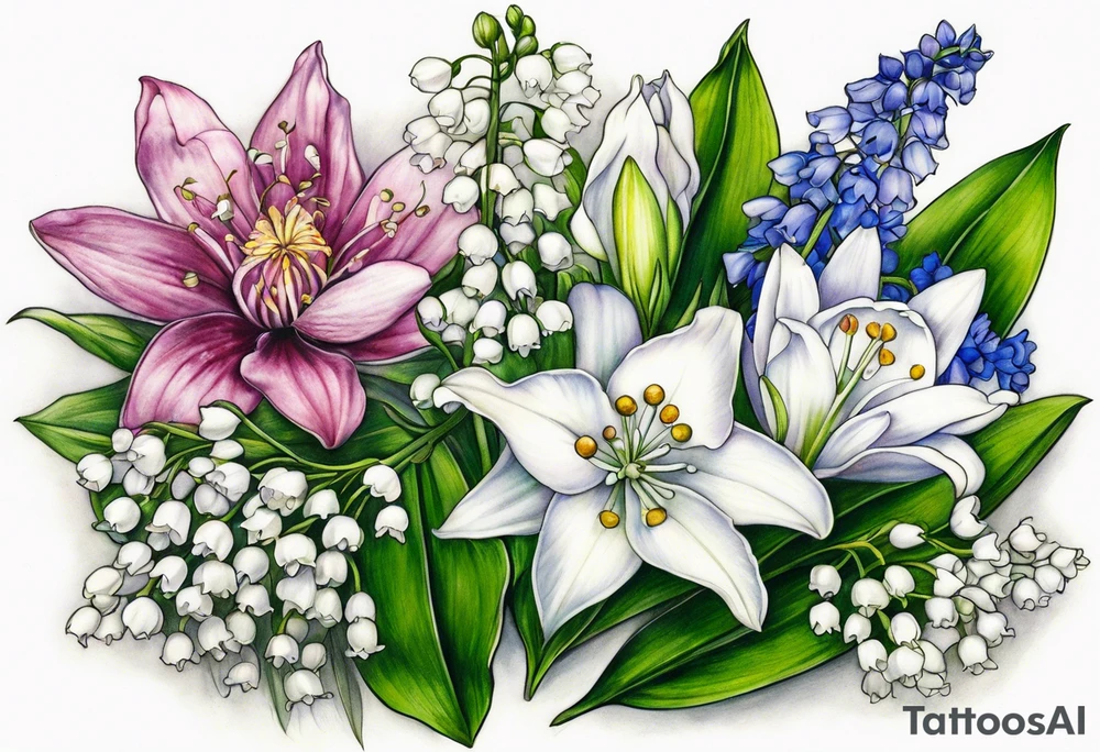 Larkspur, Lily of the valley, water, lily, Hawthorne, flower, carnation, snowdrop flower half sleeve tattoo idea