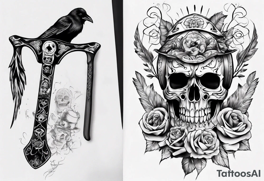 vixing axe with crow and sugar skull tattoo idea