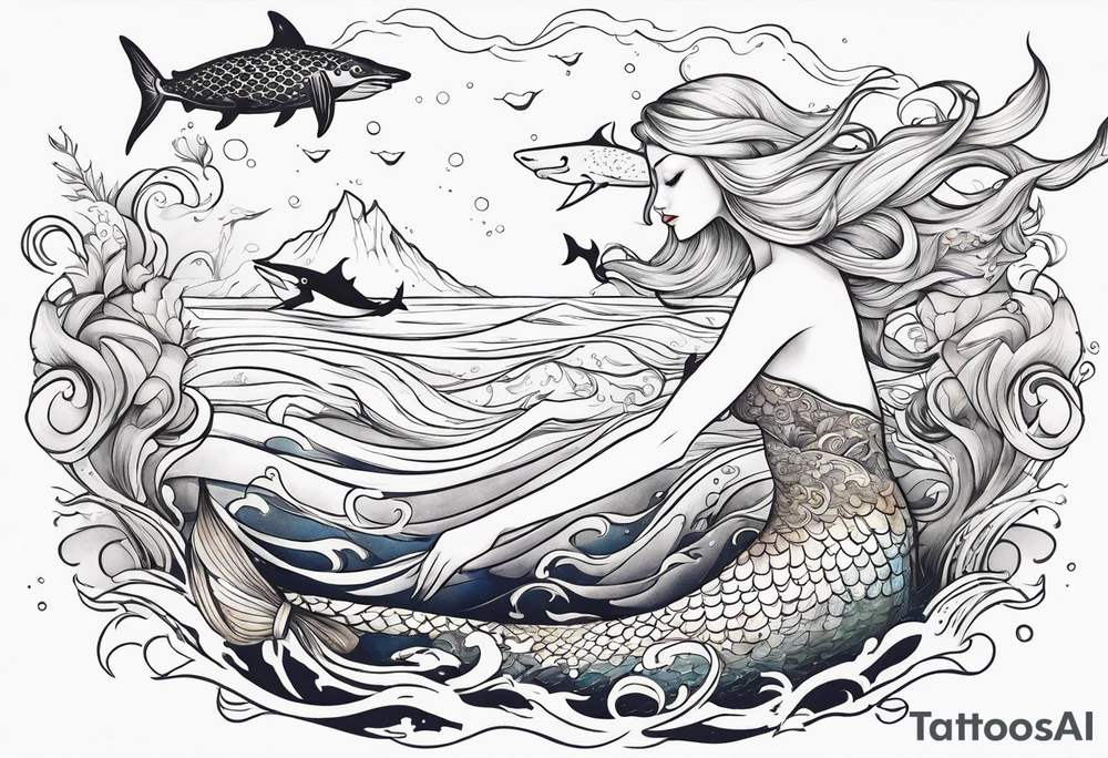 Blond mermaid swimming with sharks and whales tattoo idea