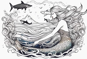 Blond mermaid swimming with sharks and whales tattoo idea