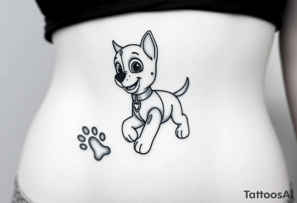 Walking Paw Patrol member leaving a realistic textured paw print behind him. tattoo idea