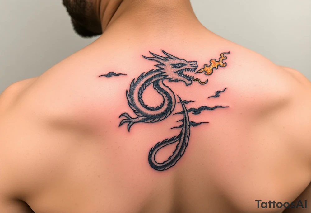 fierce dragon breathing iridescent fire against stormy skies tattoo idea