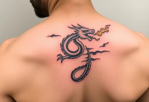 fierce dragon breathing iridescent fire against stormy skies tattoo idea