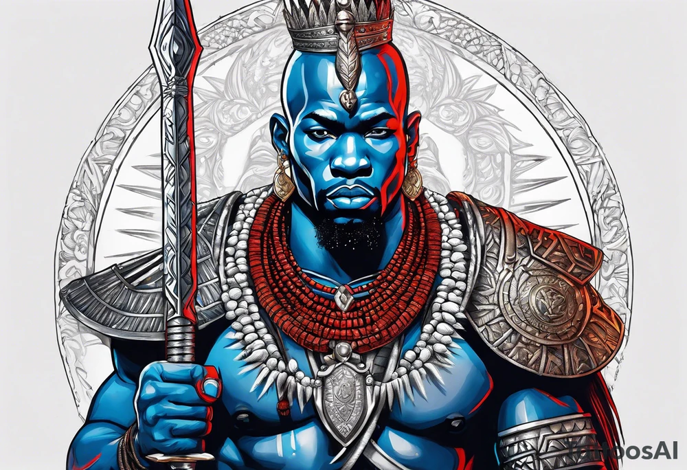 An african god, a bald warrior, that uses a sword and a silver crown. He also uses blue and red necklaces tattoo idea