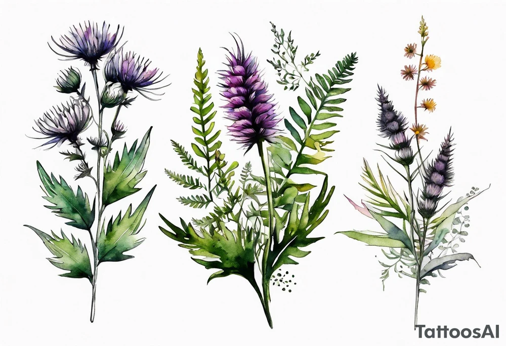 small vertical mixed wildflower bouquet with ferns, thistle and with watercolor tattoo idea