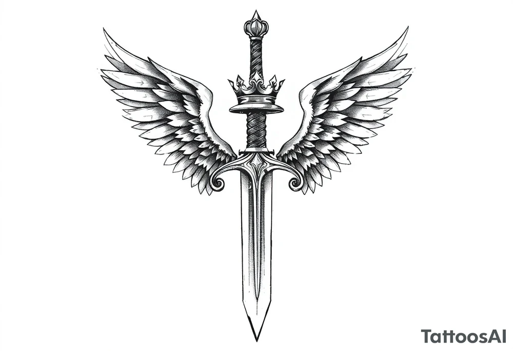 A sword with wings on the handle and a crown over the sword tattoo idea