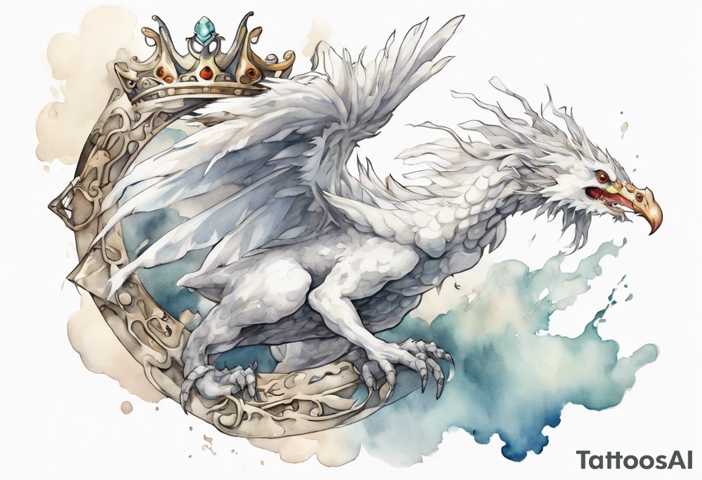 a white bird-wyrm hybrid, wearing a pewter crown on its head, flying in the air tattoo idea
