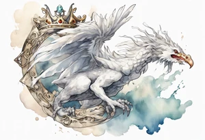 a white bird-wyrm hybrid, wearing a pewter crown on its head, flying in the air tattoo idea