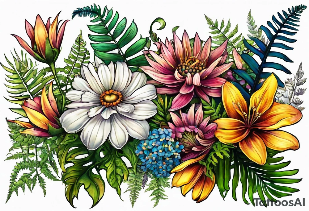 horizontal mixed wildflower with ferns and with color tattoo idea