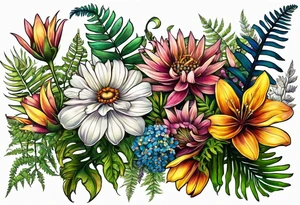 horizontal mixed wildflower with ferns and with color tattoo idea