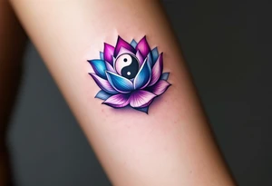 A detailed lotus flower with a yin-yang center intertwined, shaded in vibrant purples and blues, representing spiritual rebirth and karma’s endless cycle. tattoo idea