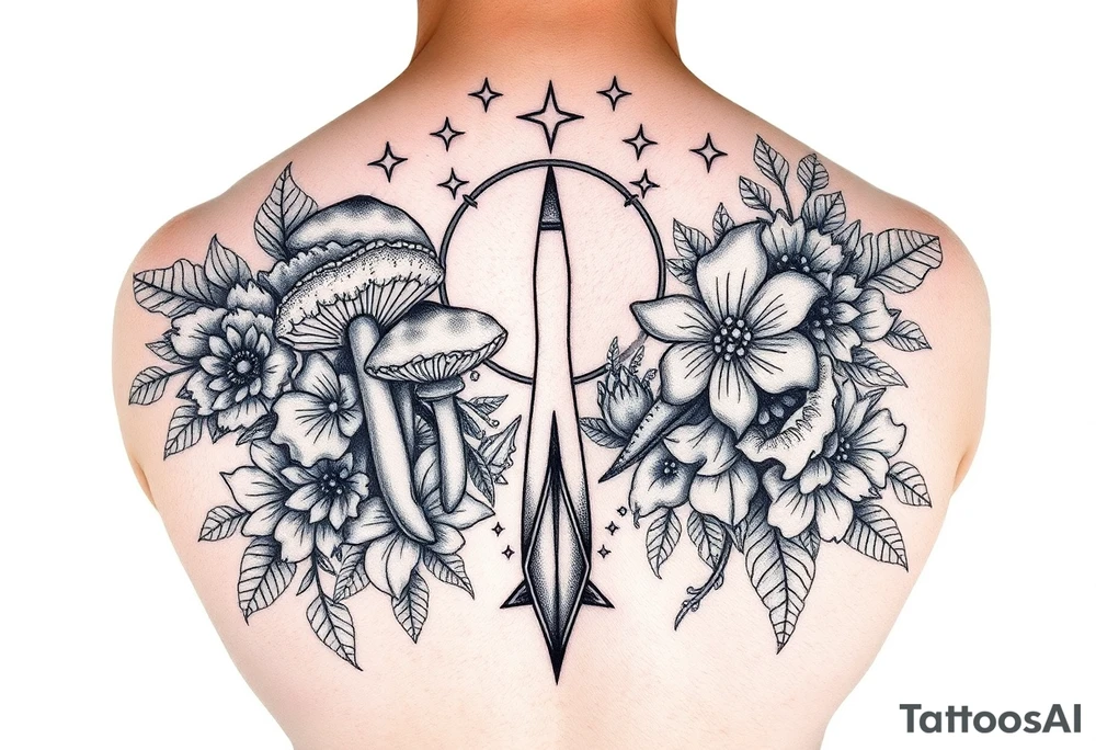 Could you possible make me a cool nature tattoo with mushrooms crystals  flowers mandala boho but colorful and psychedelic colorful too that would wrap from front of hip around side to mid back to cover an existing one I have incorporating the stars I have already and only covering some wrapping from front of hip around side to back tattoo idea