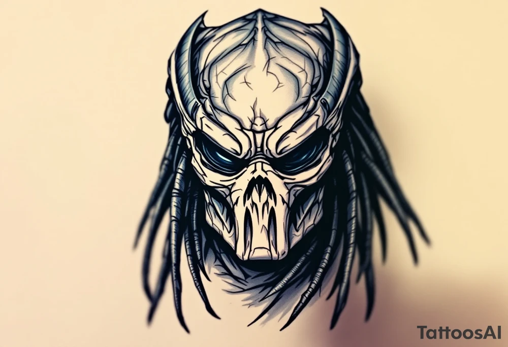 Ghost Predator – A stealth-based hunter with muted gray-blue camouflage skin, almost no armor, and a skull-like bio-mask designed to terrify prey. Uses silent weapons instead of plasma-based technology. tattoo idea