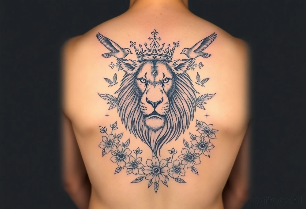 powerful majestic lion with a crown, surrounded by floral ornaments and birds tattoo idea