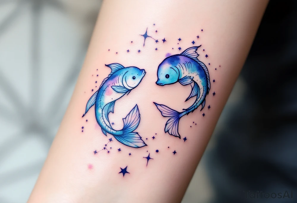 A delicate watercolor Pisces constellation tattoo in soft blues and purples symbolizes the dreamy essence of the zodiac sign. tattoo idea