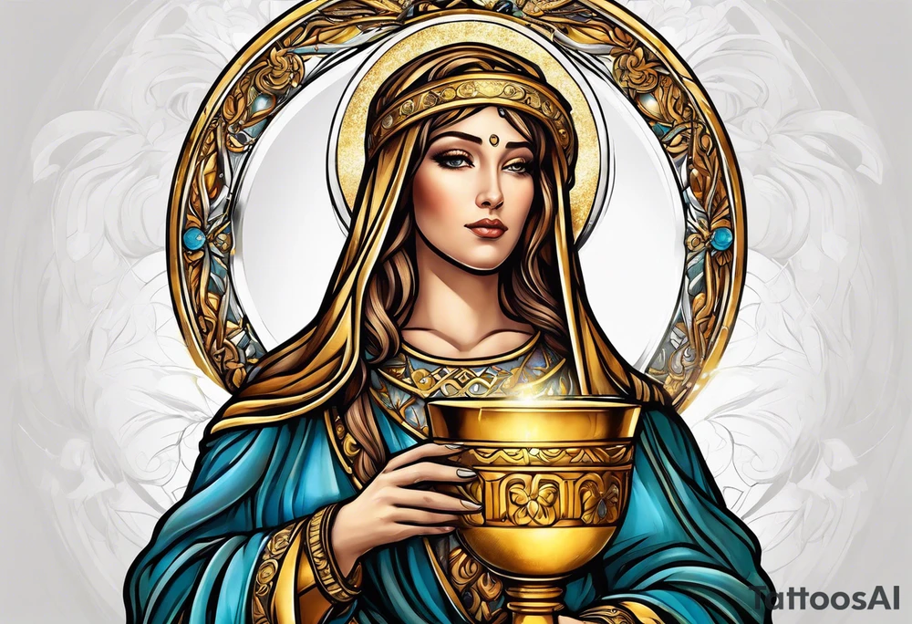 holy saint woman with golden halo holding a chalice tattoo idea