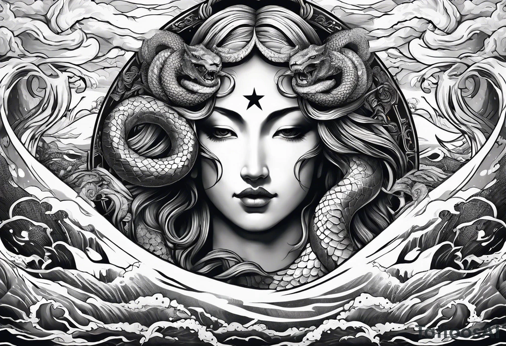 Almighty Serpent and Almighty Jesus Christ battle in the ocean tattoo idea