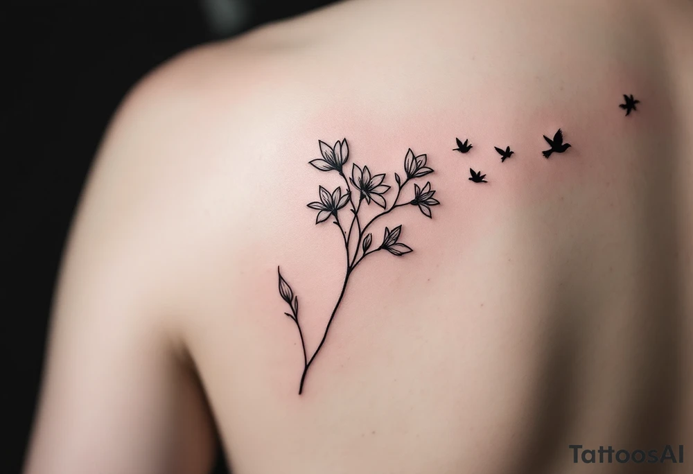 A wood violet blowing in the wind with pedals floating away turning into birds tattoo idea