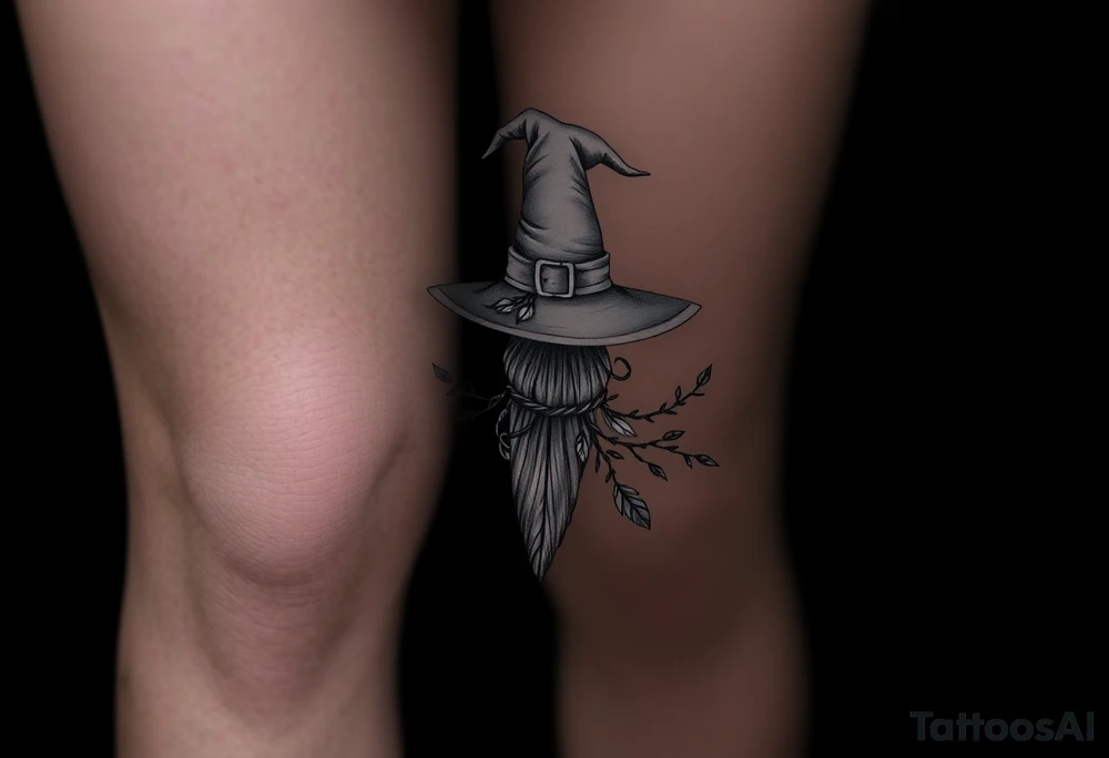 Which is broom with a witches hat with vines and feathers 
Smaller broom with hat placed on top or in the middle
Feminine and on a leg tattoo idea