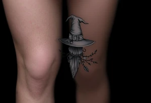 Which is broom with a witches hat with vines and feathers 
Smaller broom with hat placed on top or in the middle
Feminine and on a leg tattoo idea
