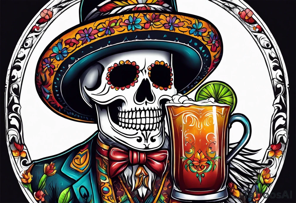Mexico day of dead  man standing
 skeleton drink tattoo idea