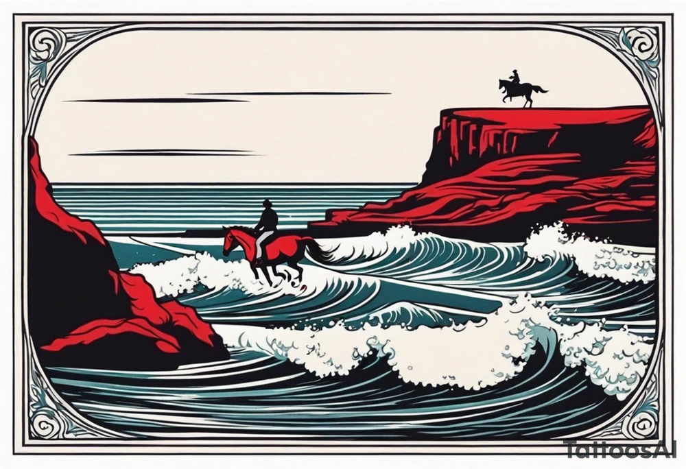 a vintage postcard showing a seaside with cliff on a November day. There is a red horse with rider in the waves. tattoo idea