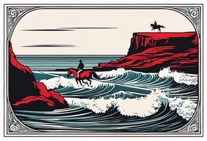 a vintage postcard showing a seaside with cliff on a November day. There is a red horse with rider in the waves. tattoo idea