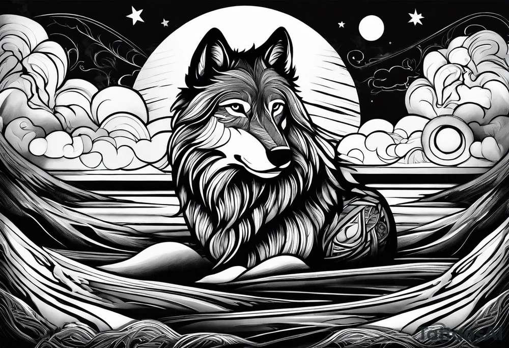 Wolf moon clouds dreads tattoo idea