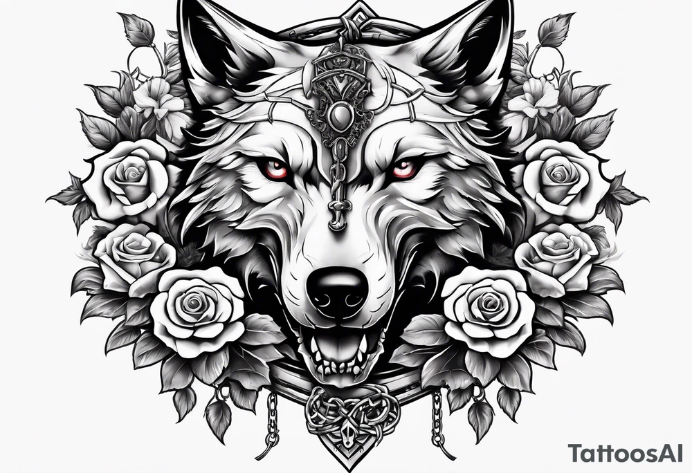 Wolf skull with chains in it's mouth in front of a sword and roses underneath tattoo idea