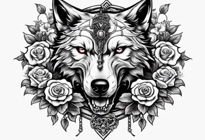 Wolf skull with chains in it's mouth in front of a sword and roses underneath tattoo idea