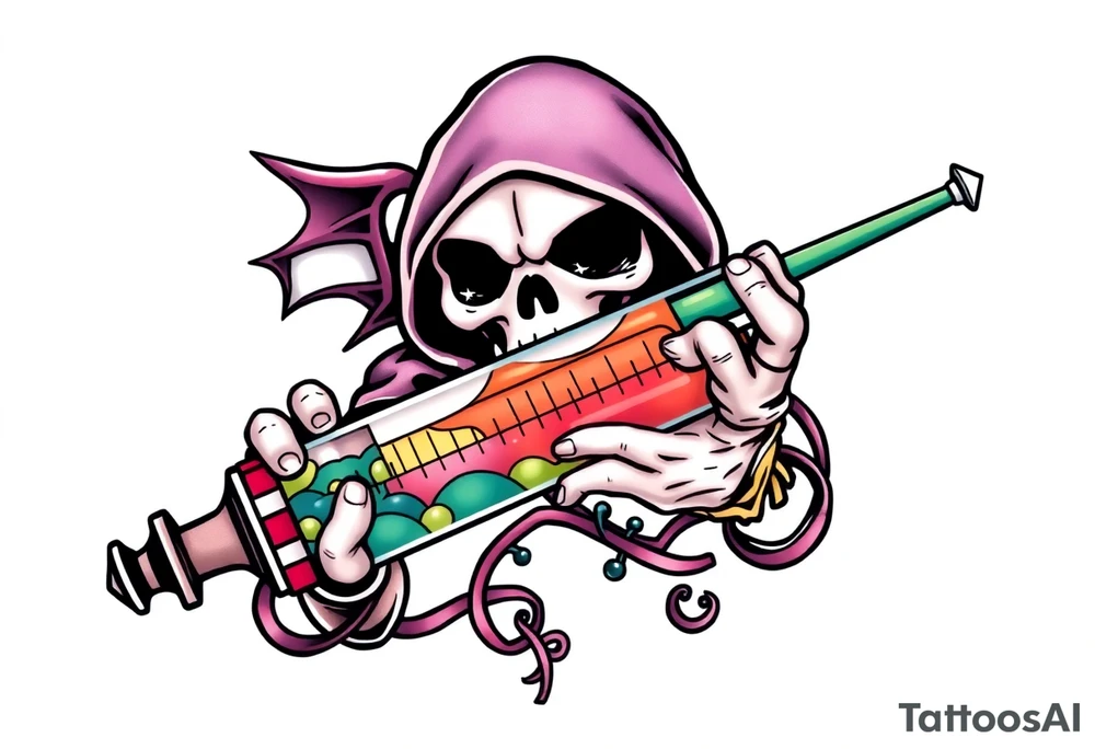 Syringe full of meth potion makes reaper superpowerful tattoo idea