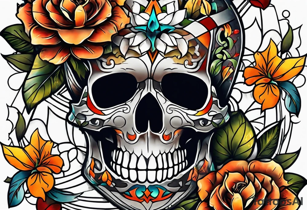 Old school center Knee tattoo with skulls, various flowers, water shapes and fall colors tattoo idea