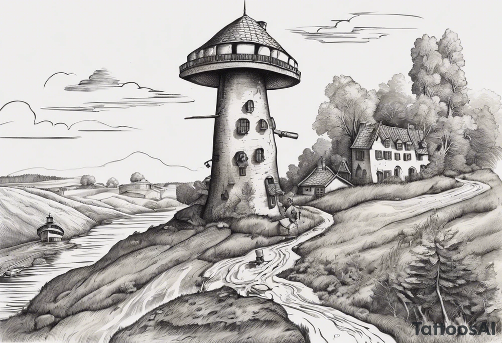 Le tattoo doit intégrer, un paysage montagneux, une horloge à 21h44.
Il faut aussi une pellicule de cinéma déroulée. Un vieux chapeau de l'armée italienne. des petits champignons au bord d'une rivière. avec une main de poker gagnante tattoo idea