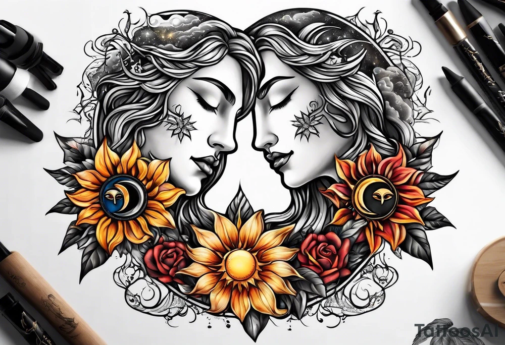 Twin flame with sun and moon tattoo idea